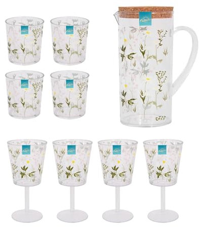 YöL Daisy Print Set - 1x Jug, 4x Tumblers, 4x Wine Goblets Plastic Summer Drinks Picnic Outdoor Dining BBQ Pitcher Cups Glasses
