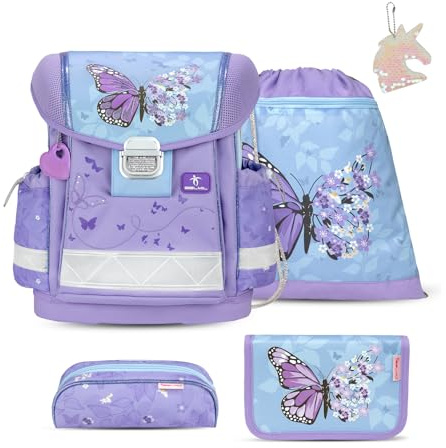 Belmil Classy Schulranzen Set 5 teilig mit extra Schlüsselanhänger (Purple Blue Butterfly)