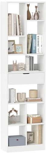GIANTEX 7-stöckiges Bücherregal, Standregal mit Schublade & 10 offenen Fächern, 50 x 24 x 180 cm freistehendes Raumteiler Regal, Holzregal für Wohnzimmer, Schlafzimmer, Arbeitszimmer