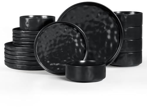 Homikit Dinner Sets for 4, 12Pcs Reactive Glaze Stoneware Set, Matte Black | Dinnerware with Plates and Bowls, Scratch Resistant & Non-Toxic, Dishwasher & Microwave Safe, Stackable and Easy Storage