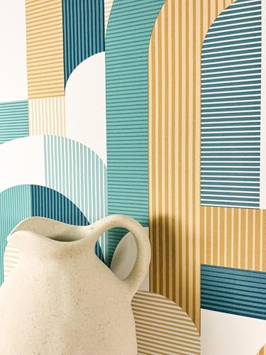Newroom Vliestapete Blau Streifen Mustertapete Wohnzimmer | geometrisches Bogenmuster matt, feine Streifenstruktur, Retro Mid-Century Boho, Wandtapete Petrol Senfgelb, Esszimmer Flur