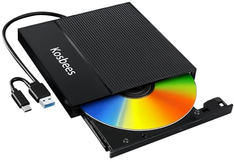 Kosbees External CD/DVD Drive for Laptop,CD Burner for PC,Ultra-Slim DVD Player for Laptop,USB 3.0 Type C Portable CD Player +/-RW CD ROM Reader Writer Disk for Desktop Windows 11/10/8/7 Mac