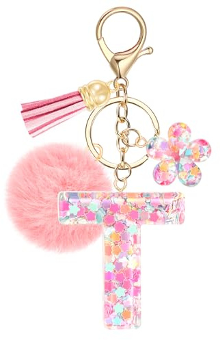 JSRQT Niedlicher Rosa Schlüsselanhänger Buchstaben, Namens Alphabet Harz Schlüsselanhänger Blumen Pailletten mit Pompons, Taschenanhänger Key Chain