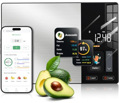 KUAIVO Smart Nutrition Food Scale with TFT Display, Tracks Calories, Fat, Carbs & Protein, Works with App for Daily Reports, 50 Built-in Foods, 23 Nutrients, Digital Kitchen Scale for Meal Prep