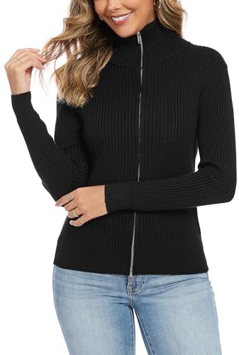 Dosieyeo Damen Strickjacke Langarm Stehkragen Cardigan mit Reißverschluss Leichte Gerippt Strickweste Casual Jacke für Alltag