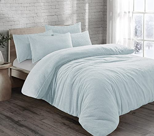 HOMES-LINEN Teddy Bear Fleece Thermal Warm Cosy Soft Fur Duvet Cover Set With Pillow Cases (Duck Egg, Single)