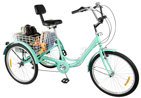 Jerool 24 Zoll Lastenrad Mit Großem Korb, Dreirad Für Erwachsene, Belastbarkeit 120kg, 7-Gang-Getriebe, LED (Mitgeliefert), Für Obstgärten, Camping Und Einkäufe(Blaugrün)