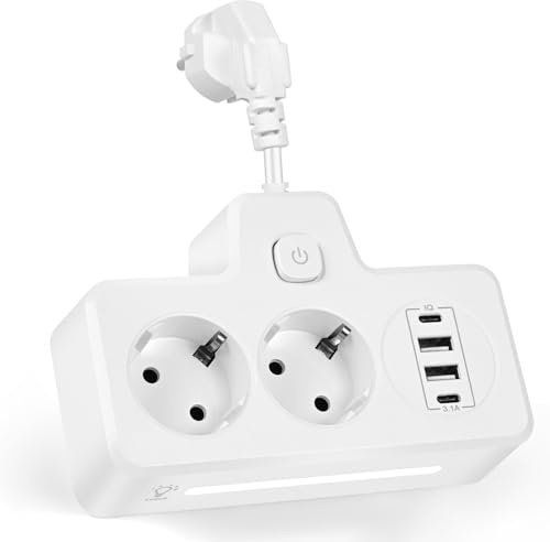 LustLocke Doppelstecker für Steckdose, Steckdosenleiste 2-Fach, Verteilersteckdose Wandmontage mit 2 USB A & 2 USB C, Kompakte Steckerleiste für Büro, Zuhause & Reisen, 13 A/3250 W (Weiß-1)