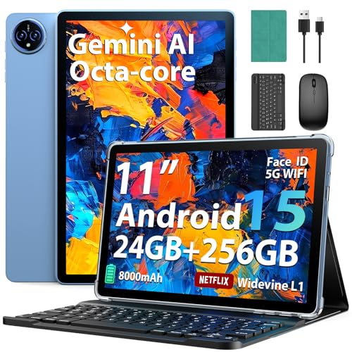 Suicoey 2026 11 Inch Android 15 Tablet with Keyboard, 24GB RAM + 256GB ROM, 2TB Expand, Octa-core, 8000mAh, 5+13MP, 2.4G&5G WiFi, Gemini AI, GPS, 2 in 1 Tablets with Case, Mouse, Stylus (Green Case)