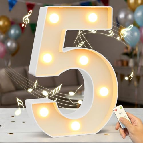 HEYCOLOR Light up Numbers with Music for Birthday Party. Remote with Two Modes. 8.86 Inch Music Marquee Number Sign for Birthday Anniversary Party Home Wall Decorations, 2AA Battery Powered Number 5