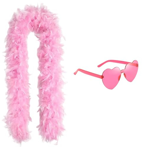CERCTLA Boa di Piume, Boa Piume di Tacchino, Boàs di Piuma con Occhiali da Sole Senza Montatura a Forma di Cuore per Festa in Abito da Sposa, Carnevale, Halloween (Rosa)