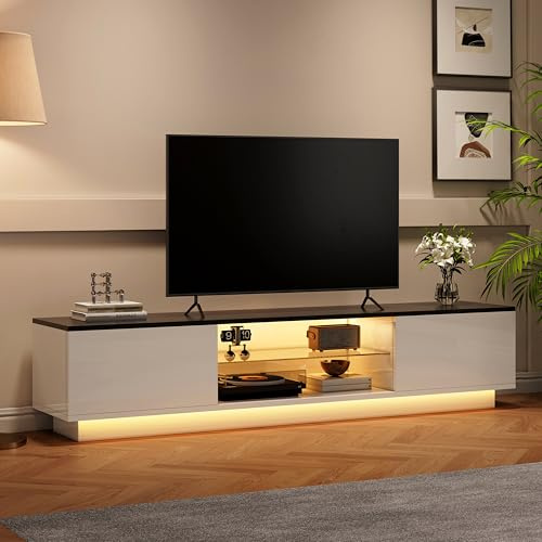 Meuble TV Blanc avec lumières LED, Moderne Meuble Télé Longueur 160 cm avec 2 Portes et 2 Étagères Ouverts, Banc TV Table pour Salon, Chambre (Blanc 4, 160 x 32 x 42 cm)