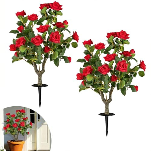 COSTWAY Artificial Flower Tree Set of 2, Fake Shrub Plants with Spikes, Indoor Outdoor Decorative Fake Greenery Floral Topiary Plant for Home Office (80cm, Rose Tree)