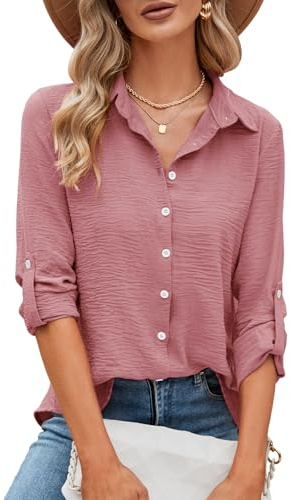 Odosalii Womens Blouses Rolled Up Long Sleeve V Neck Button Down Shirt | Elegant Work Office Business Casual Tunic Tops
