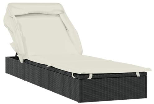 Tmriohed Sonnenliege mit Faltdach, Gartenliege aus PE-Rattan, verstellbares Tagesbett für Garten, Balkon und Pool, inkl. Auflage, Schwarz, 213 x 63 x 97 cm