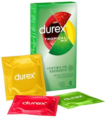 Durex Tropical Preservativi Aromatizzati alla Frutta (Banana, Mela, Fragola e Arancia), 6 Profilattici