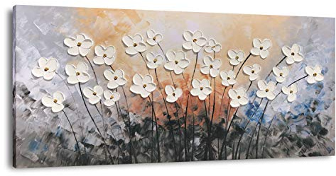 Yihui Arts Hand-Painted Oil Painting on Canvas Textured White Floral Wall Art Modern Horizontal Decor for Living Room Bedroom Office