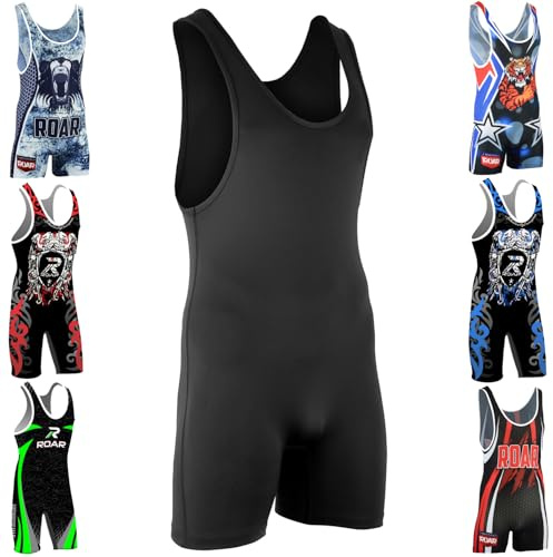ROAR Athletic Men's Wrestling Singlet Suit Bodywear Uniform (Plain-Black, Small)