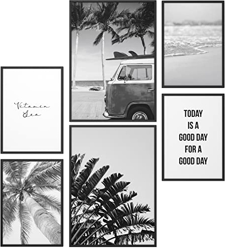 Papierschmiede® Mood Poster Set Beach Schwarz-Weiß, Bilder Wohnzimmer Deko Schlafzimmer, 2x DIN A4 und 4x DIN A5, Strand Palmen Urlaub - ohne Rahmen