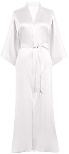 PRODESIGN Morgenmantel Damen Bademantel Satin Kimono Lang mit Gürtel Einfarbig Nachtwäsche Leicht Schlafmantel Weiß