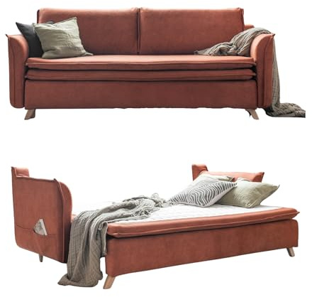 MIUFORM Charming Charlie Slim mit Bettkasten | 3 Sitzer Sofa | 225 x 90 x 85cm Couch | Klappsofa mit Schlaffunktion (Ziegelrot) | Schlafsofa mit Bettkasten und Bettfunktion, 225x90x85cm, Couch mit Schlaffunktion, Schlafsofa Klappbar, Sofa 3 Sitzer