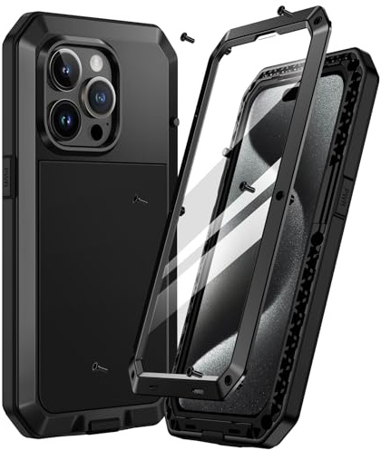 Focusor für iPhone 15 Pro Max Hülle Outdoor,Handyhülle für iPhone 15 Pro Max 360 Stoßfest Metall Heavy Duty Panzerhülle,iPhone 15 Pro Max Schutzhülle Staubdicht Armor Case mit Displayschutz,Schwarz