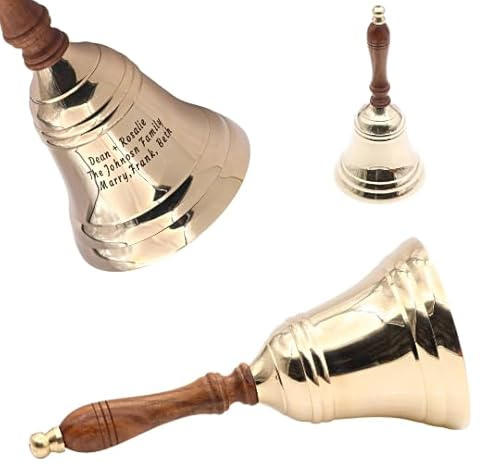 Custom Engraved Brass Handbell with Wooden Handle – Personalized Bell for Teachers, Weddings, Anniversaries & Events – Large Vintage Bell with Loud Clear Sound – Elegant Gift Keepsake