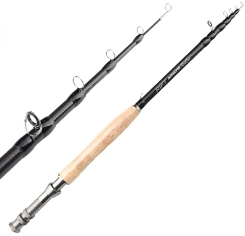 RIFT Apache Fliegenfischrute – 5 W Kohlefaser Teleskop-Angelrute – Einteilige Reise-Angelrute – schnelle Aktion Fliegenrute mit Aluminiumrollensitz, Edelstahlführungen und klappbarem Hakenhalter –