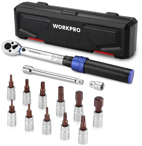WORKPRO Llave Dinamometrica de 1/4, ±3% Alta Precisión, 2-26 N·m, Juego de Dinamometrica de 14 Piezas, Llave Carraca de 72 Dientes, con Barra de Extensión, para Coche, Bicicleta y Moto