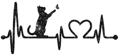 Glitzerdeals Bügelbilder Glitzer Katze auf Herzline EKG Katzen schwarz Aufbügler für Textilien Karneval Kostüm Katzen Bügelflicken Katze Fasching Patch zum Aufbügeln Katzen