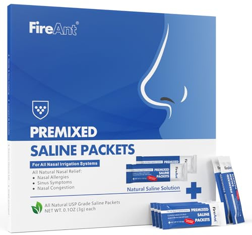 FireAnt 101 Saline Packets Sinus Rinse, 101 Premixed Neti Pot Salt Packets for Nasal Rinse, All Natural, Pharmaceutical Grade, and PH Balanced - 101 Count