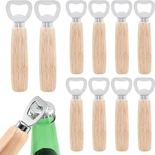 AMJKEJI 10 Pcs Wooden Bottle Opener - Portable Durable Handle for Home, Wedding, Party, Barbecue, Camping