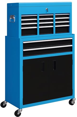 HOMCOM Tool Chest, Metal Tool Cabinet on Wheels with 6 Drawers, Pegboard, Top Chest and Roller Cabinet Combo, 61.6 x 33 x 108cm, Blue