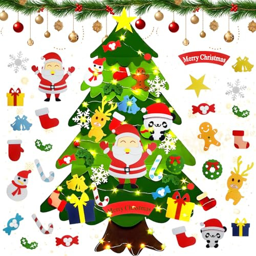 LOVEXIU Albero di Natale in Feltro per Bambini, Decorazioni Natalizie da Appendere, Regali Natale Bambini, con 28 Addobbi e Luci Led, per Parete Porte Finestre