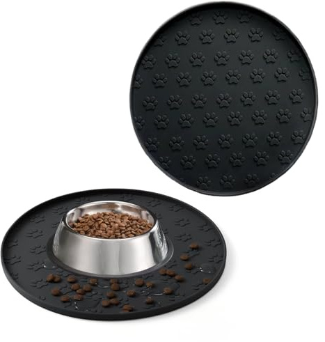 Hundenapf Matte mit Erhöhtem Rand, Verdickter Silikon, Wasserdicht, rutschfest, Hundeabdrücke,28x28 cm (2er-Pack Schwarz, 28X28 cm)