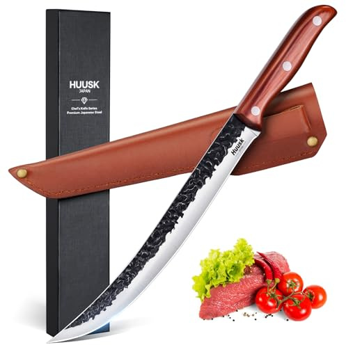 Huusk Breaking Knife 10 Inch-Hand Forged Carving Knives for Meat Japanese Cimeter Curved Blade Butcher Knives Professional with Leather Sheath for Camping Outdoor BBQ