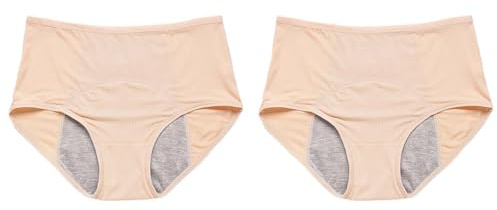 Mutande Mestruali Donna 2PC Biancheria Intima per Le Donne A Prova di Perdite di Cotone Durante La Notte Mestruale Mutandine e Slip A Vita Alta A Prova Mutanda Ciclo Costume Mestruale (Beige, XXXXXL)