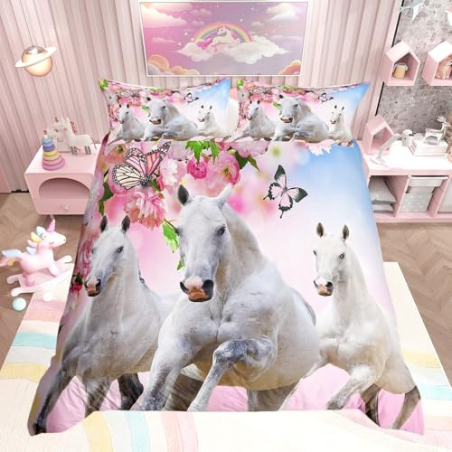 Loussiesd Juego de ropa de cama individual con diseño de caballo y flores rosas blancas pegaso, cerezo en flor, mariposa, decoración de dormitorio
