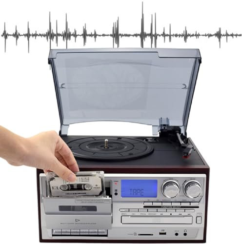 XEEAOFE Giradischi Bluetooth in Vinile con 3 velocità Regolabili, Fonografo con 2 Altoparlanti Stereo Esterni, CD/Cassetta, Radio Am/FM, USB/SD/Mmc,Silver-220V