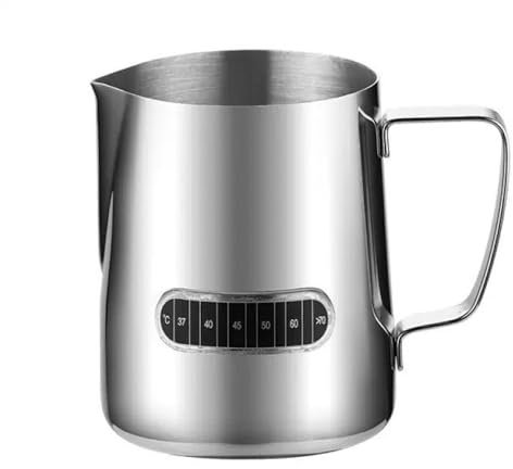 Jarra Lechera Acero Inoxidable 350ML/600ML con Termómetro - Jarra para Espuma de Leche Grado Alimenticio 304, Ideal para Arte Latte, Capuchino y Espresso (600ml)