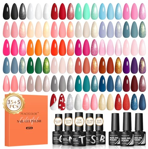 Peacecolor Gel Nail Polish Set 40PCs Autumn Gel Polish Kit 35 Colors White Neutral Brown Red with 5Pcs Glossy/Matte/Glitter Top Base Coat Soak Off U V Nail Varnish Sets Gifts for Women