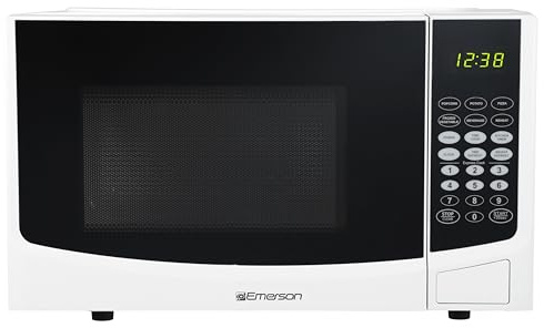 Emerson 0.9 Cu. Ft. Compact Countertop Microwave Oven with Touch Control, LED Display, 900W, 6 Auto Menus with Removable Glass Turntable and Child Safety Lock, MW9255W, White