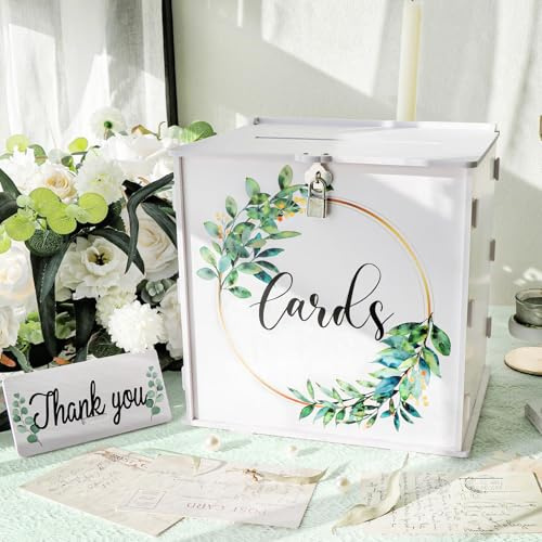 Kongming Wedding Card Box,White Wedding Post Box with Lock and Slot,PVC Money Envelope Card Boxes Holder,Gift Boxes for Reception,Anniversary,Birthday Party,Baby Shower Decorations