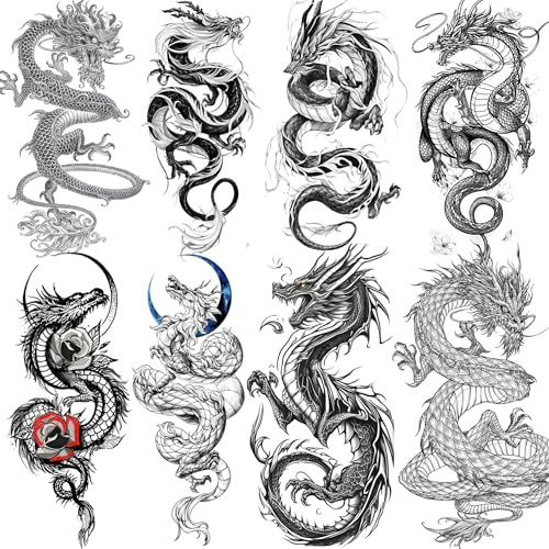 8 Blätter Drachen Temporäre Tattoos Herren Damen Männer Frauen Klebetattoos Erwachsene, Schwarz Realistisch Drachen Tattoo Aufkleber Halbarm Ärmel, Wasserfest Halloween Fake Tattoos Zum Aufkleben