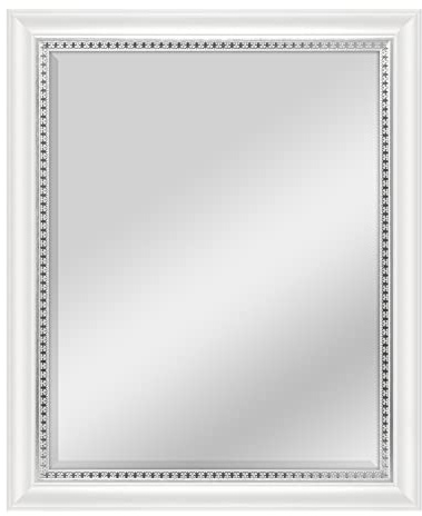 MCS 22x28 Large Wall Mirror, White Woodgrained Frame with Silver Embossed Detail & Beveled Detail Mirror, Vertical & Horizontal Wall Hanging Mirror for Bathroom, Bedroom & Livingroom