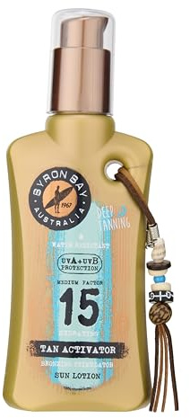Byron Bay Australia Sun Cream Lotion SPF 15 - Sunscreen with Bronzing & Tanning Activators For A Deeper Tan, UVA & UVB Protection, Non-Greasy, Water-Resistant, No White Marks, Reef-Safe - 200ml.