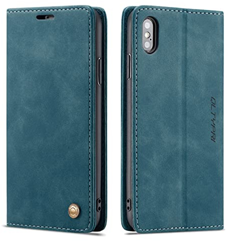 QLTYPRI Hülle für iPhone X XS, Vintage Dünne Handyhülle mit Kartenfach Geld Slot Ständer PU Ledertasche TPU Bumper Wallet Case Flip Schutzhülle Kompatibel mit iPhone X XS - Blau | Vintage PU Leder Hülle, Handyhülle mit 2 Kartenfächer, Standfunktion, Weicher TPU-Rahmen, Stoßfeste Flip Wallet Case