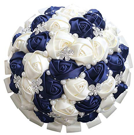 WJYIKEE Bouquet de mariée romantique fait à la main - Bouquet de mariée - Décoration de mariage - Fleurs en soie avec strass (bleu roi + beige)