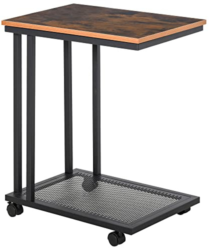 HOMCOM Table d'appoint, Bout de canapé, Table de lit Mobile roulante Vintage Style Industriel avec Cadre en Acier Coloris boisé