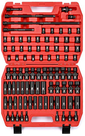 MIXPOWER 3/8'' Drive Master Impact Socket Set, 87-Piece Deep & Standard SAE and Metric-1/4-Inch to 3/4-Inch and 6-19 mm, Impact Universal Sockets, Inverted Star Sockets, Extension Bar & Adapter